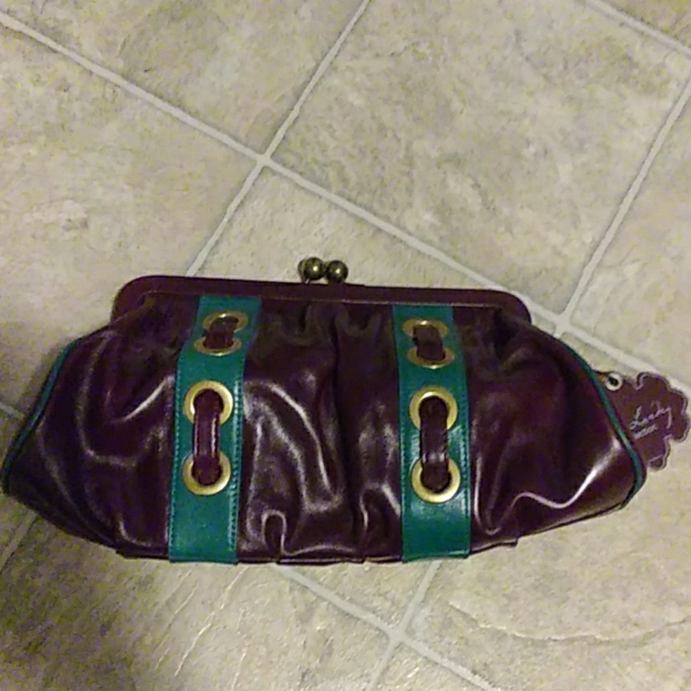 Kate Landry Large Purple and Teal Leather Clutch